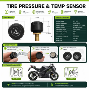 Motodrift Aoocci C6 Pro motorcycle TPMS sensor infographic showing installation, battery replacement, and specifications.