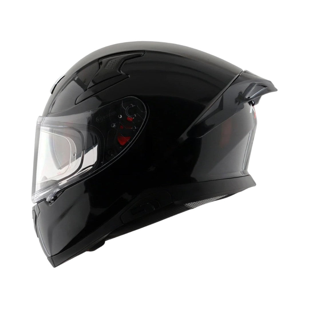 Motodrift Axor Apex solid black full-face motorcycle helmet with clear visor and aerodynamic rear spoiler