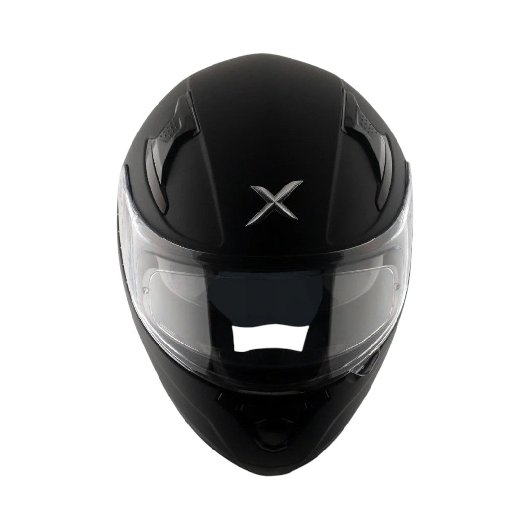 Motodrift Axor Apex solid matte black full-face motorcycle helmet with clear visor and top ventilation vents