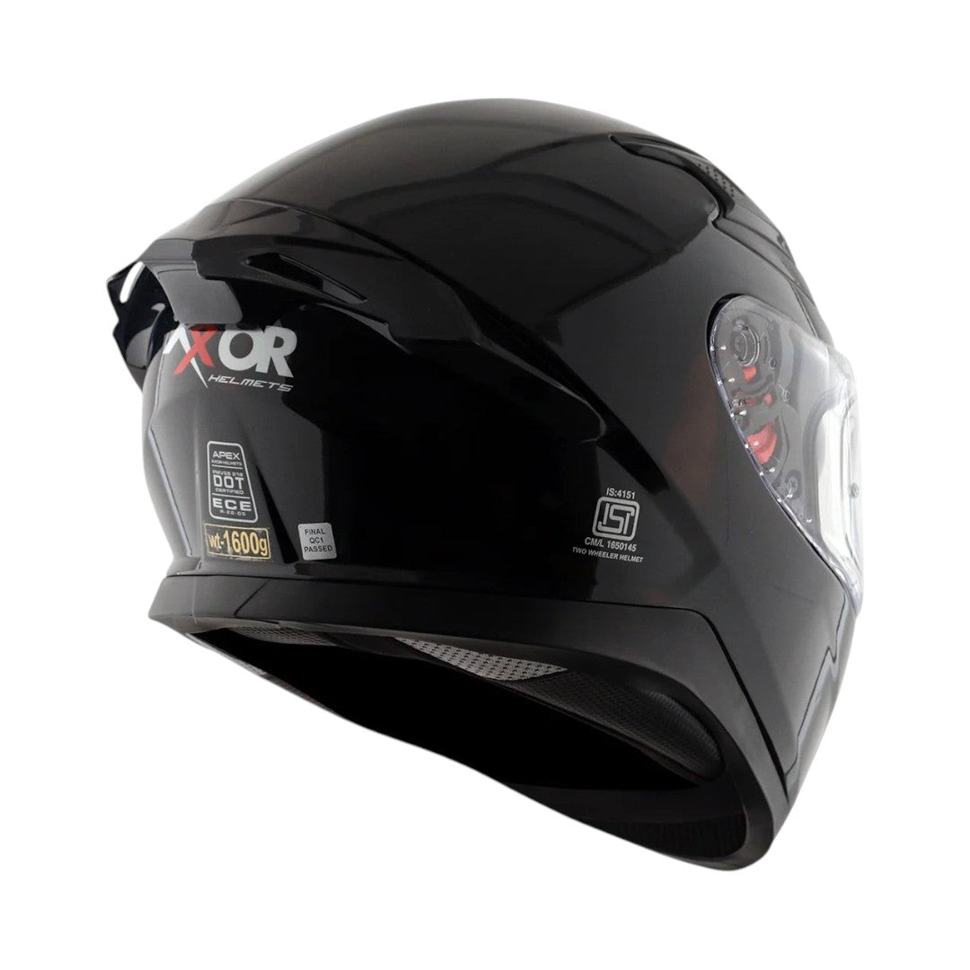 Motodrift Axor Apex solid black full-face motorcycle helmet with rear spoiler and safety certification stickers