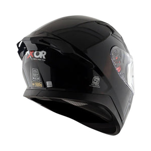 Motodrift Axor Apex solid black full-face motorcycle helmet with rear spoiler and safety certification stickers
