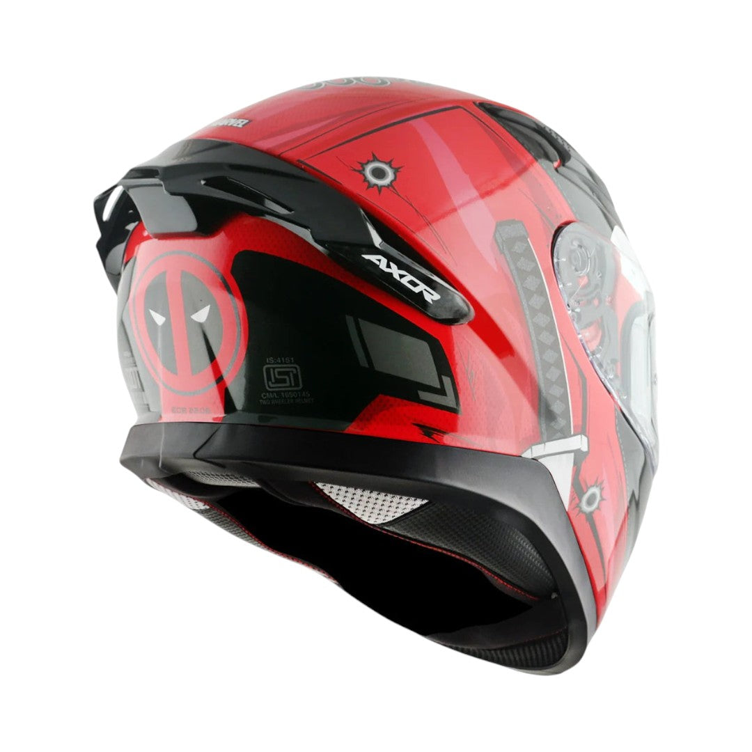 Motodrift Axor Apex Marvel Deadpool full-face motorcycle helmet in red and black with rear spoiler and logo