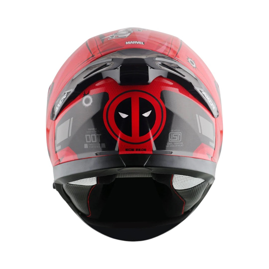 Motodrift Axor Apex Marvel Deadpool full-face motorcycle helmet in red and black with rear spoiler and safety logos.