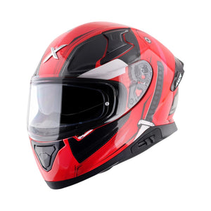 Motodrift Axor Apex full-face motorcycle helmet in red and black Deadpool graphic design with a clear visor