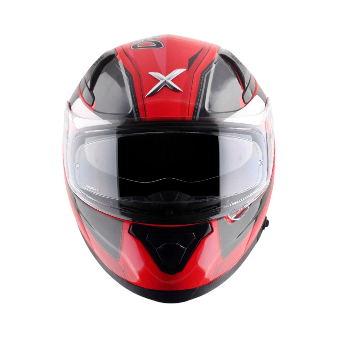 Motodrift Axor Apex Marvel Deadpool full-face motorcycle helmet in red and black with a clear visor
