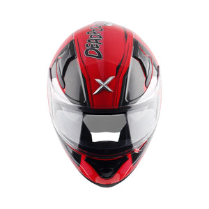 Motodrift Axor Apex Marvel Deadpool full-face motorcycle helmet in red and black with a clear visor