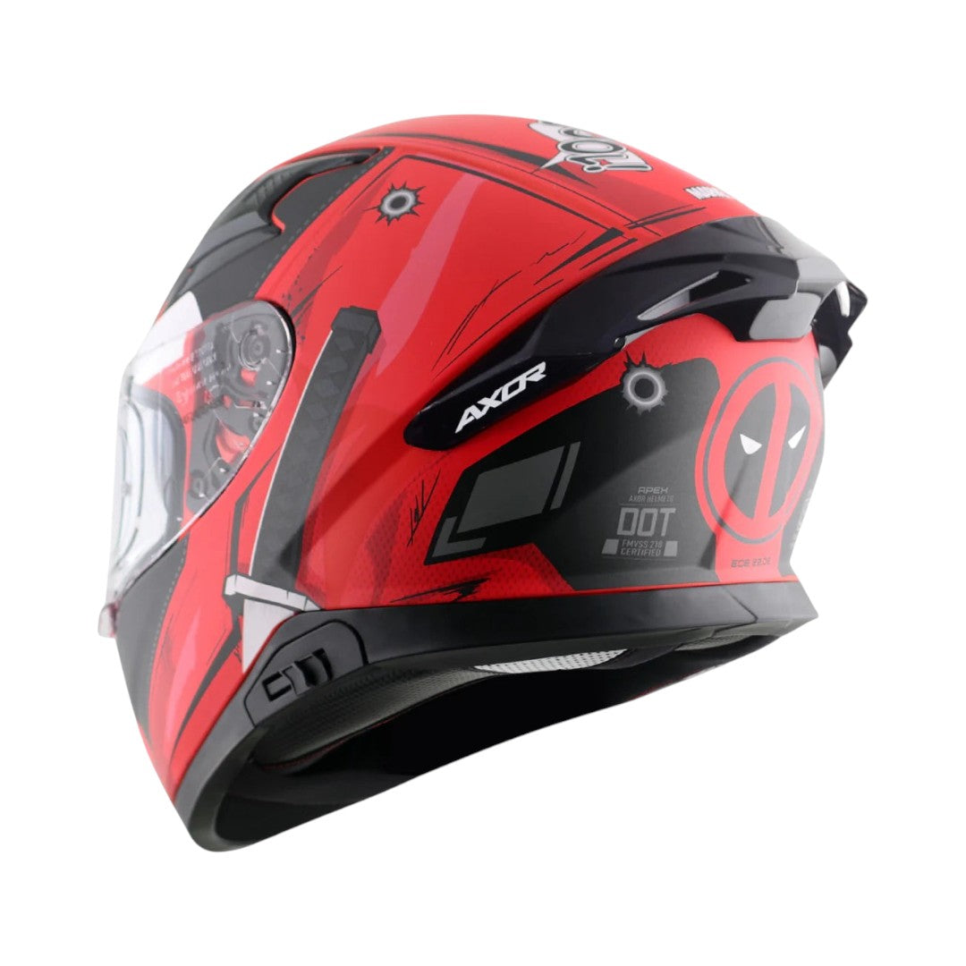 Motodrift Axor Apex Marvel Deadpool full-face motorcycle helmet in red and black with integrated rear spoiler.