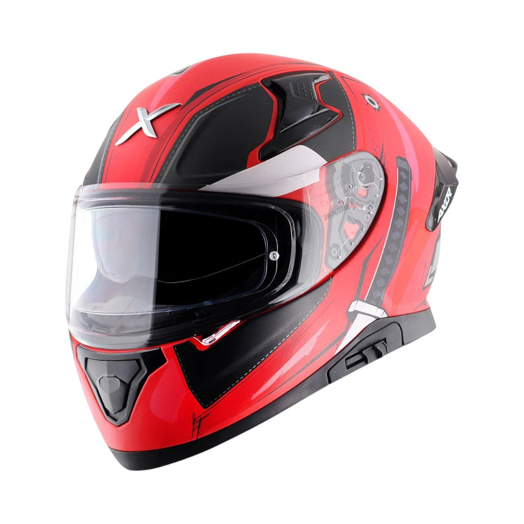 Motodrift Axor Apex Marvel Deadpool full-face motorcycle helmet in red and black with a clear visor and rear spoiler.