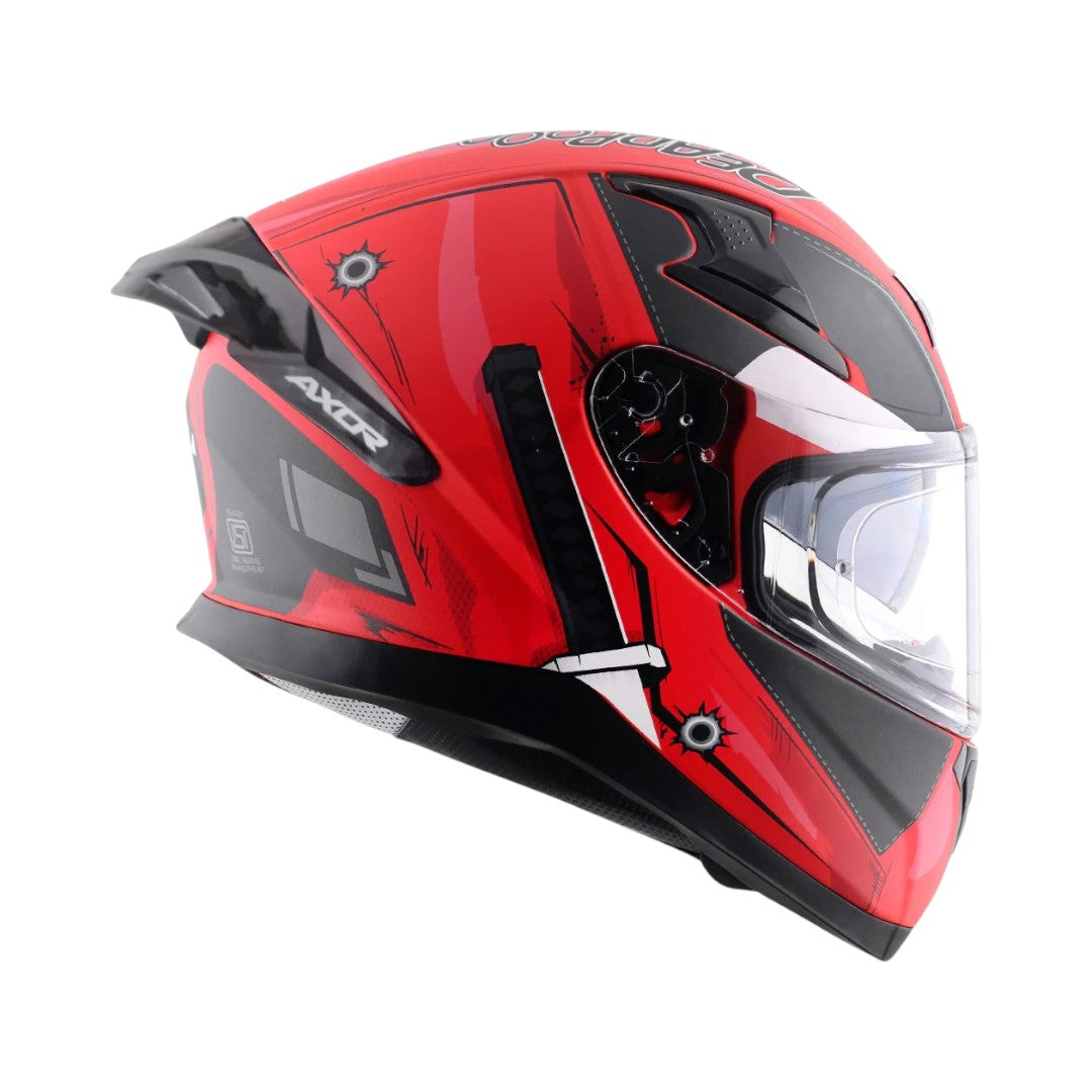 Motodrift Axor Apex Marvel Deadpool full-face motorcycle helmet in red and black with integrated spoiler and clear visor