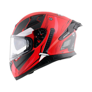 Motodrift Axor Apex Marvel Deadpool full-face motorcycle helmet in red and black with integrated spoiler and clear visor