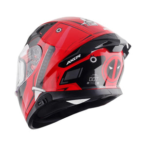 Motodrift Axor Apex Marvel Deadpool full-face motorcycle helmet in red and black with integrated rear spoiler
