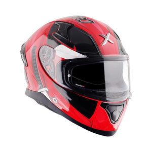Motodrift Axor Apex Marvel Deadpool full-face motorcycle helmet in red and black with a clear visor and spoiler.