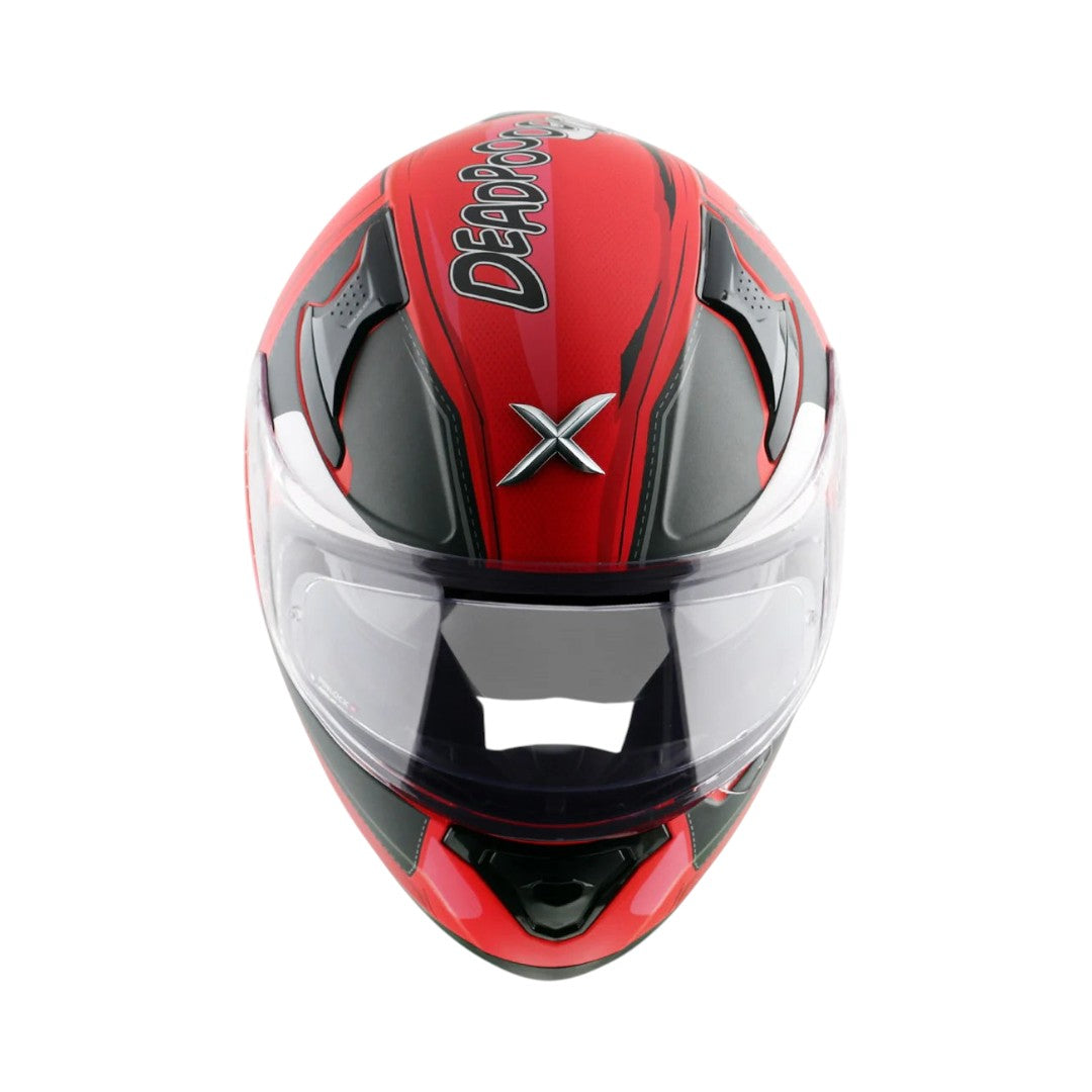 Motodrift Axor Apex Marvel Deadpool full-face motorcycle helmet in red and black with a clear visor