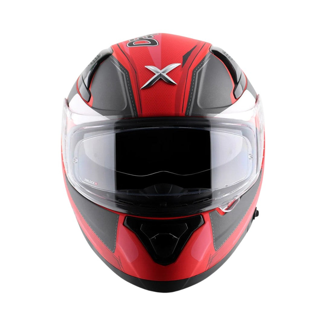 Motodrift Axor Apex Marvel Deadpool full-face motorcycle helmet in red and black with a clear visor