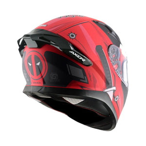 Motodrift Axor Apex Marvel Deadpool full-face motorcycle helmet in red and black with integrated rear spoiler