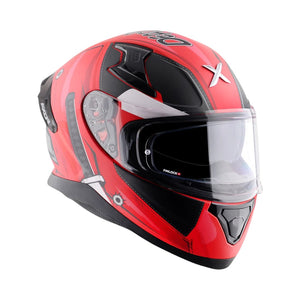Motodrift Axor Apex full-face motorcycle helmet in red and black Deadpool graphic design with clear visor