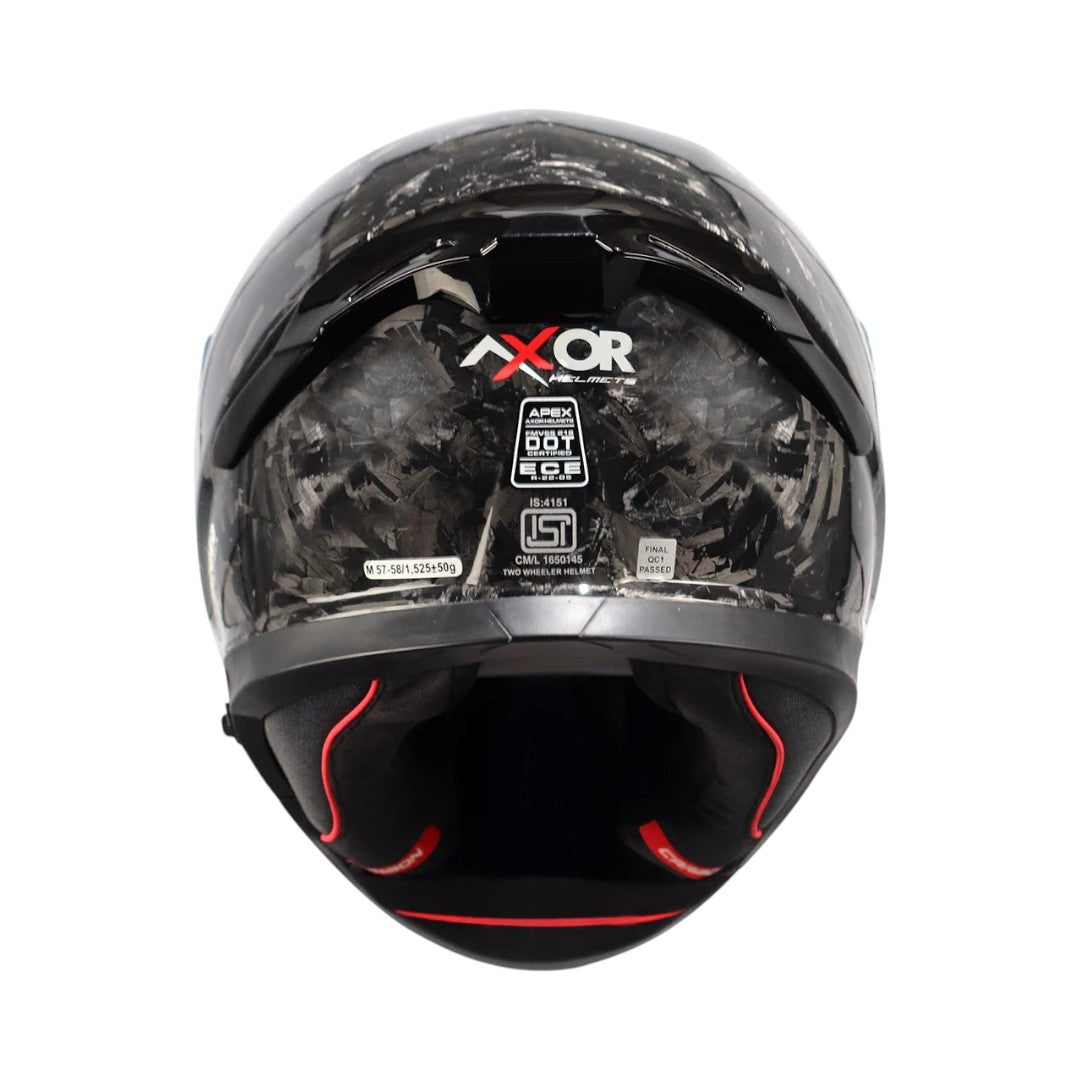 Motodrift Axor Apex forged carbon motorcycle helmet, rear view showing certification labels and aerodynamic spoiler