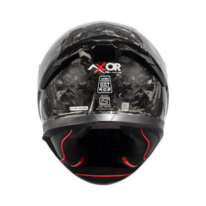 Motodrift Axor Apex forged carbon motorcycle helmet, rear view showing certification labels and aerodynamic spoiler