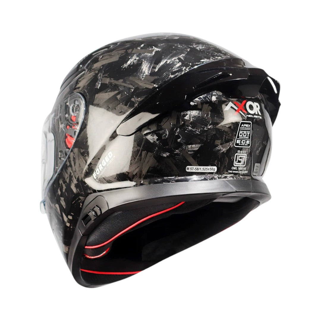 Motodrift Axor Apex forged carbon fiber motorcycle helmet with integrated spoiler and rear safety certification labels