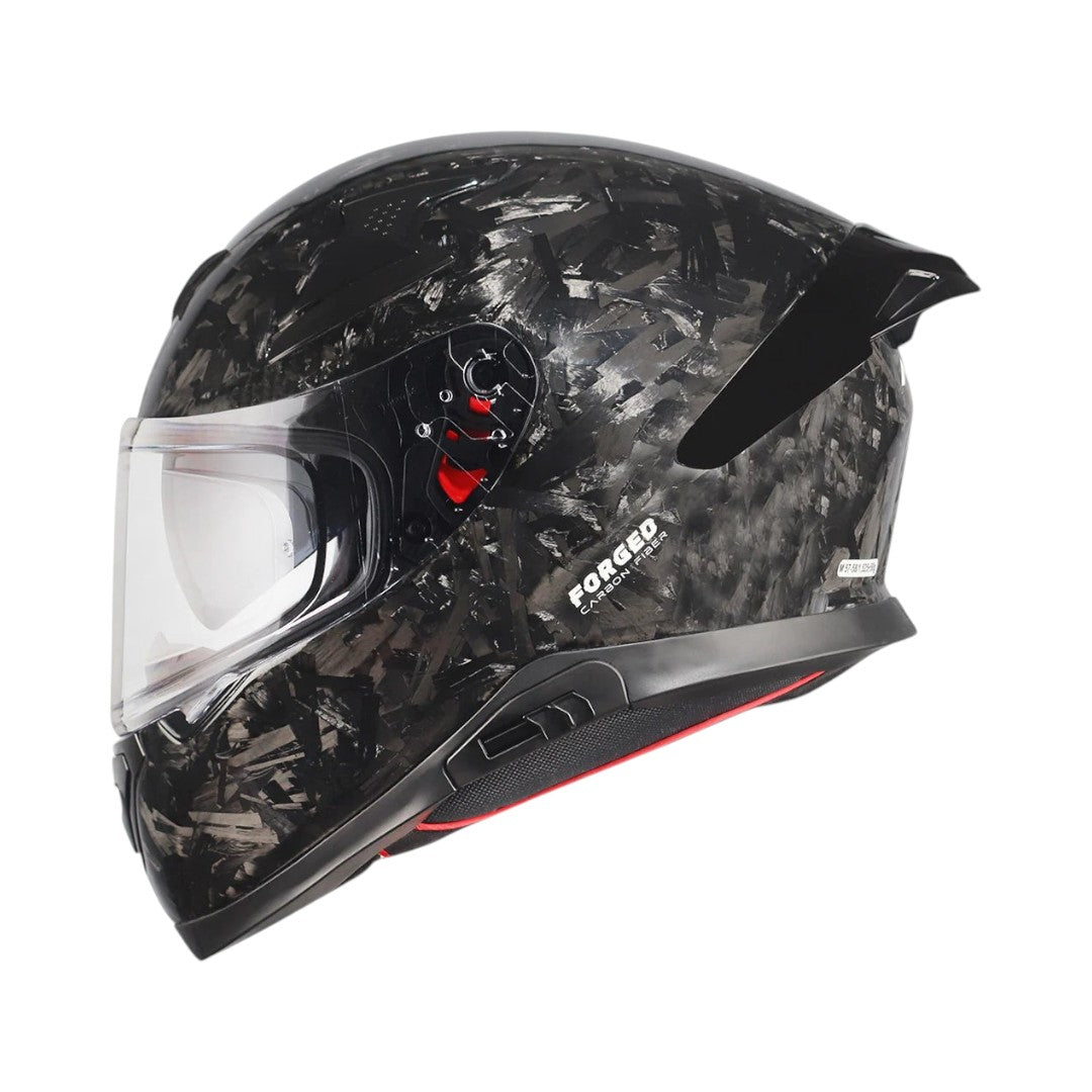 Motodrift Axor Apex forged carbon fiber motorcycle helmet with integrated spoiler and clear visor, side profile view.