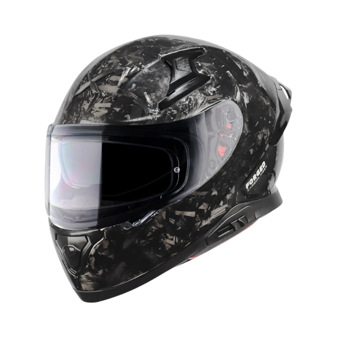Motodrift Axor Apex full-face motorcycle helmet featuring a black forged carbon fiber finish and integrated spoiler.