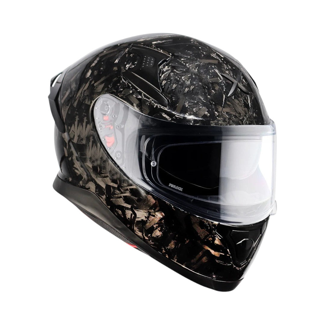Motodrift Axor Apex forged carbon motorcycle helmet with clear visor and integrated spoiler on white background