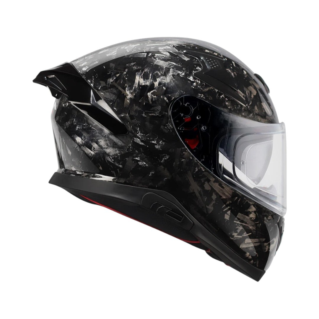 Motodrift Axor Apex forged carbon fiber motorcycle helmet with integrated spoiler and clear visor, side profile view.