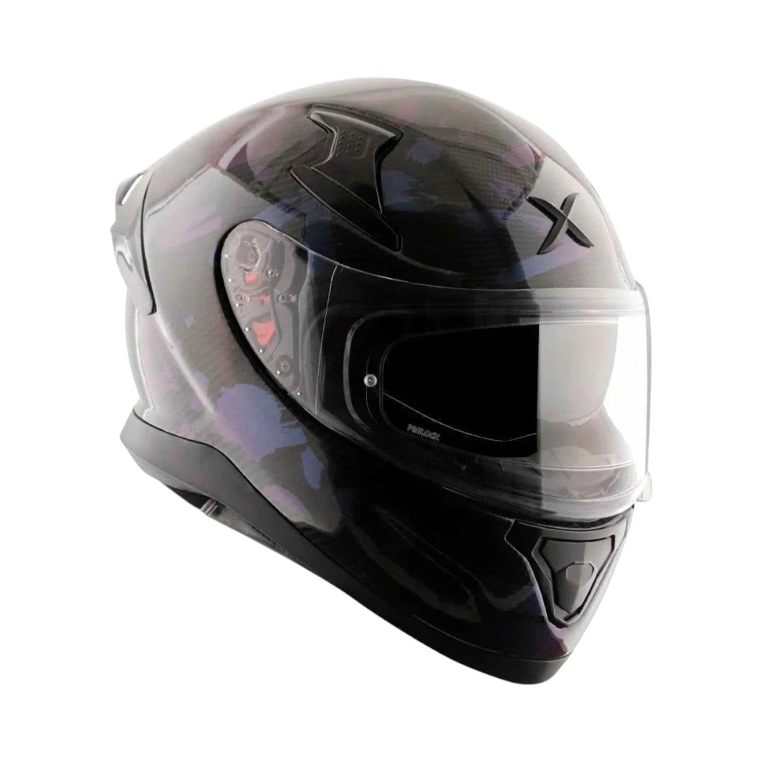 Motodrift Axor Apex Gloss Carbon helmet with a sleek carbon fiber shell, clear visor, and aerodynamic design.