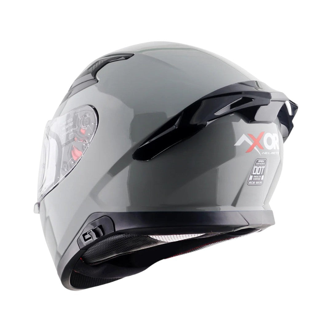 Motodrift Axor Apex solid grey full-face motorcycle helmet with rear spoiler and clear visor on white background
