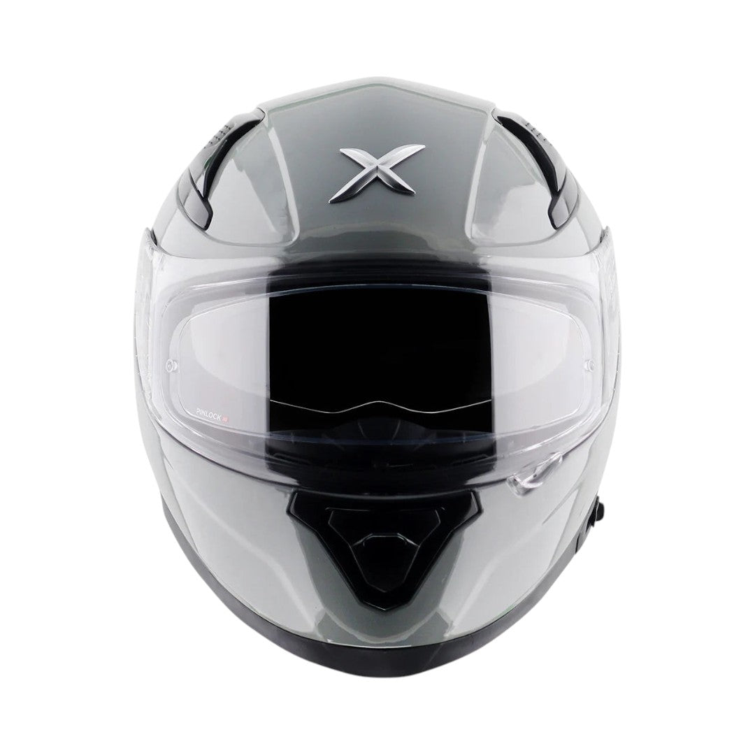 Motodrift Axor Apex solid grey full-face motorcycle helmet with clear visor and internal sun shield