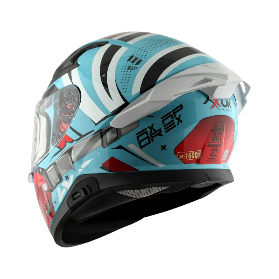 Motodrift Axor Apex Hex-2 full-face motorcycle helmet in light blue with futuristic graphic design and rear spoiler