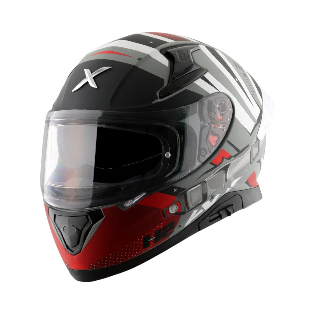 Motodrift Axor Apex Hex-2 full-face motorcycle helmet in black, grey, and red with futuristic angular graphic design.