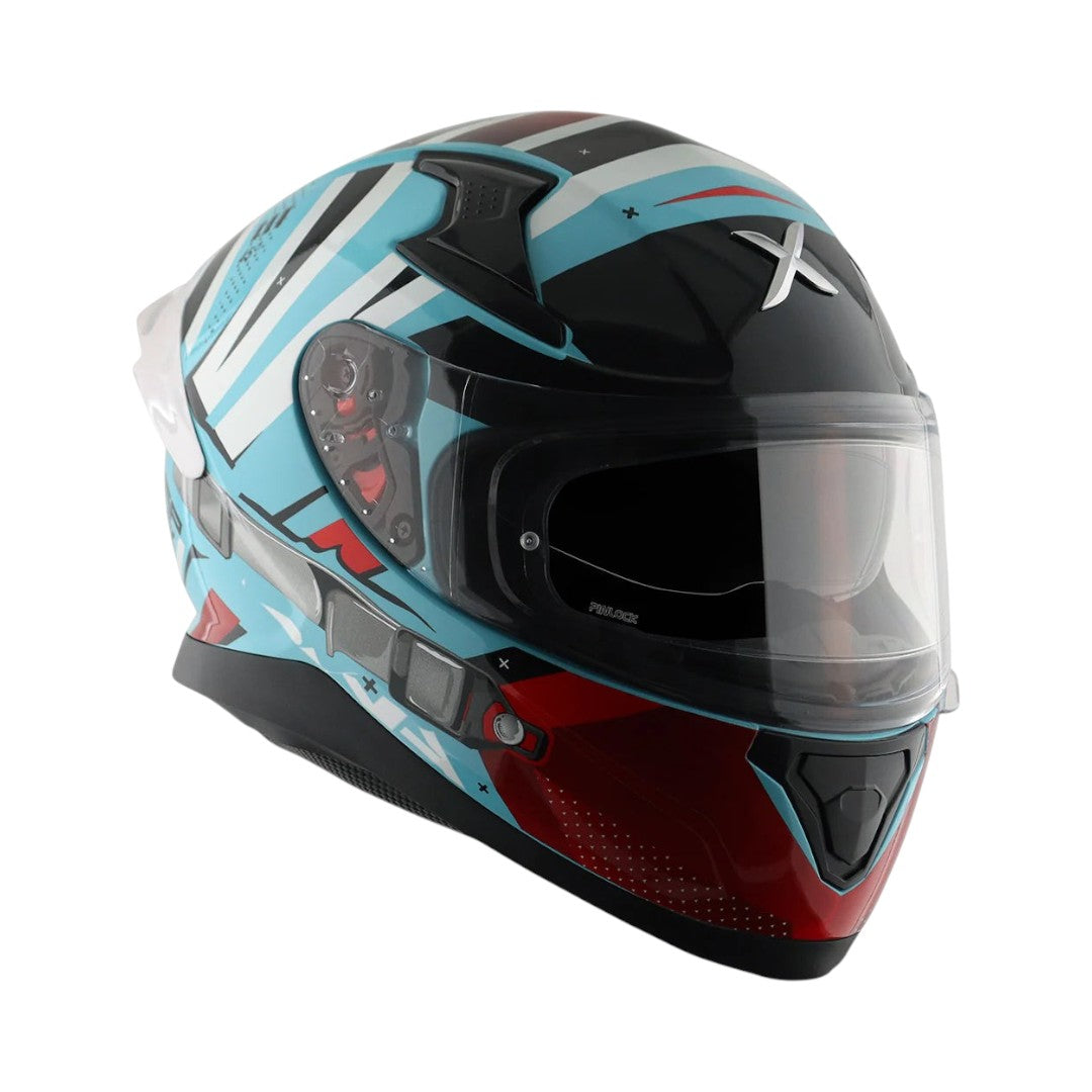 Motodrift Axor Apex Hex-2 full-face motorcycle helmet with blue, black, and red geometric prism graphic design