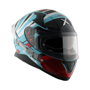 Motodrift Axor Apex Hex-2 full-face motorcycle helmet with blue, black, and red geometric prism graphic design