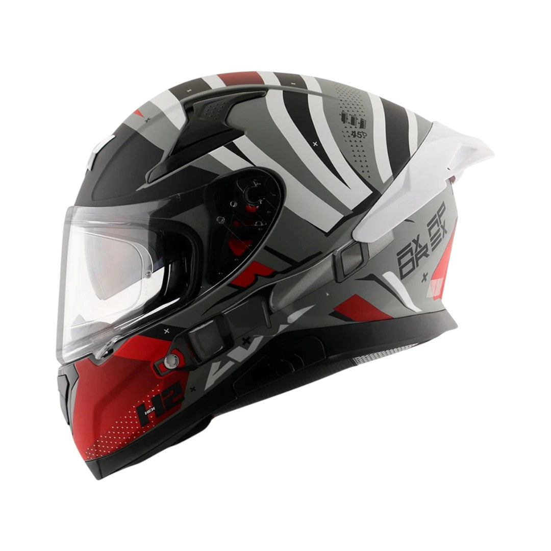 Motodrift Axor Apex Hex-2 full-face motorcycle helmet in grey, black, and red with futuristic angular graphic design.