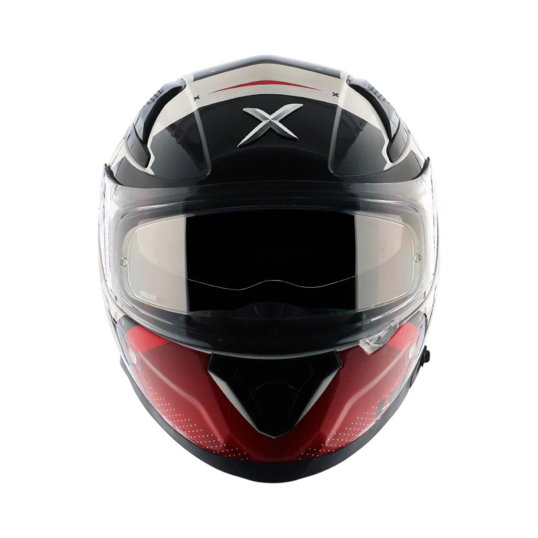 Motodrift Axor Apex Hex-2 full-face helmet in black, white, and red with a futuristic graphic and clear visor.