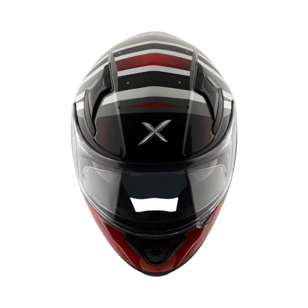 Motodrift Axor Apex Hex-2 full-face motorcycle helmet with black, white, and red geometric graphic design