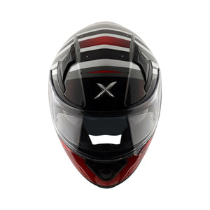Motodrift Axor Apex Hex-2 full-face motorcycle helmet with black, white, and red geometric graphic design
