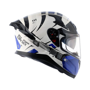 Motodrift Axor Apex Hex-2 full-face motorcycle helmet in white, black, and blue with futuristic angular graphics