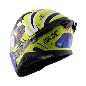 Motodrift Axor Apex Hex-2 full-face motorcycle helmet in neon yellow, black, and blue with angular graphic design