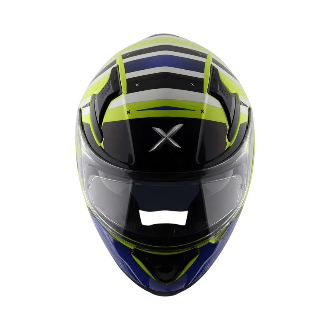 Motodrift Axor Apex Hex-2 full-face helmet with futuristic blue, white, and neon yellow graphic design