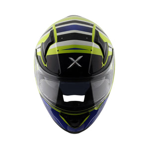 Motodrift Axor Apex Hex-2 full-face helmet with futuristic blue, white, and neon yellow graphic design
