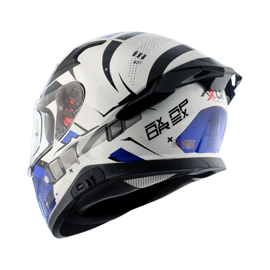 Motodrift Axor Apex Hex-2 full-face helmet in white with blue and black angular graphic design and rear spoiler
