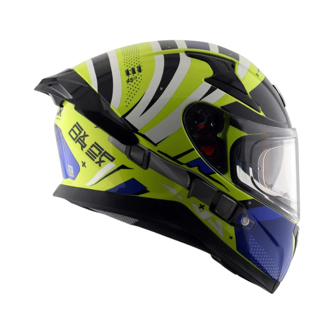 Motodrift Axor Apex Hex-2 full-face motorcycle helmet in neon yellow, black, and blue with angular graphic design