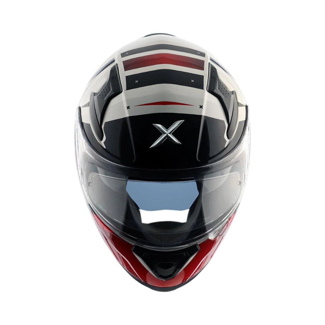 Motodrift Axor Apex Hex-2 full-face helmet with black, white, and red futuristic graphic design and clear visor