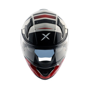 Motodrift Axor Apex Hex-2 full-face helmet with black, white, and red futuristic graphic design and clear visor