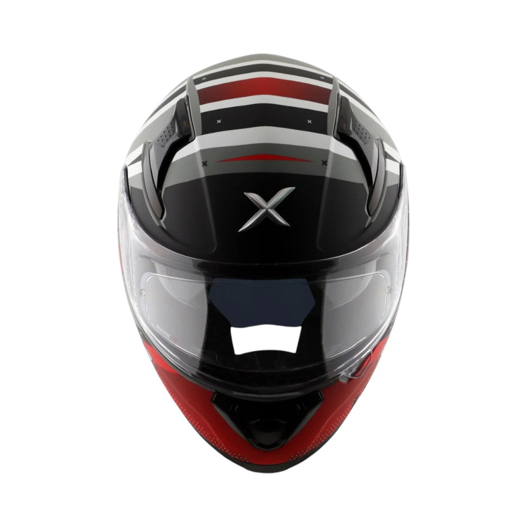 Motodrift Axor Apex Hex-2 full-face helmet with black, white, and red geometric graphics and clear visor