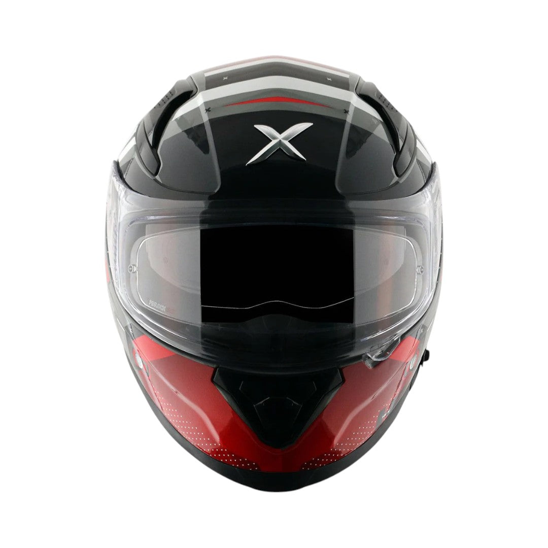 Motodrift Axor Apex Hex-2 full-face motorcycle helmet in black and red with futuristic graphic design and clear visor
