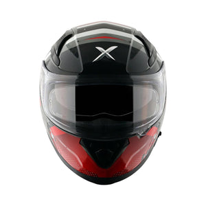 Motodrift Axor Apex Hex-2 full-face motorcycle helmet in black and red with futuristic graphic design and clear visor
