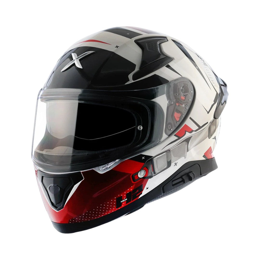Motodrift Axor Apex Hex-2 full-face motorcycle helmet in white, black, and red with futuristic angular graphics.